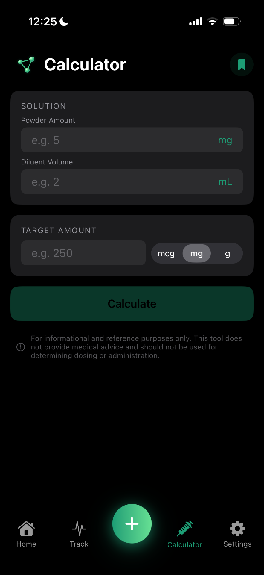 Reconstitution Calculator screen